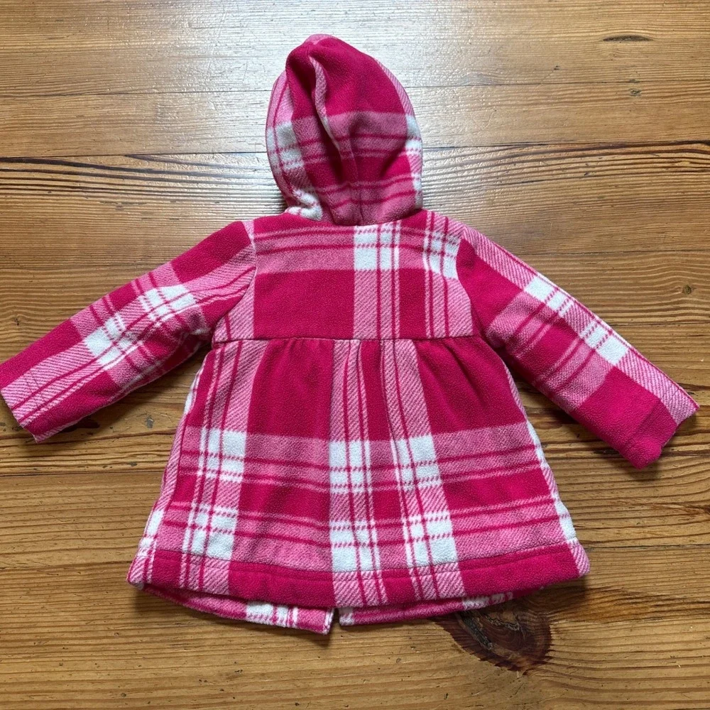Old Navy Fleece Hooded‎ Coat Baby Girls Pink Plaid Excellent SIZE 18-24 Months